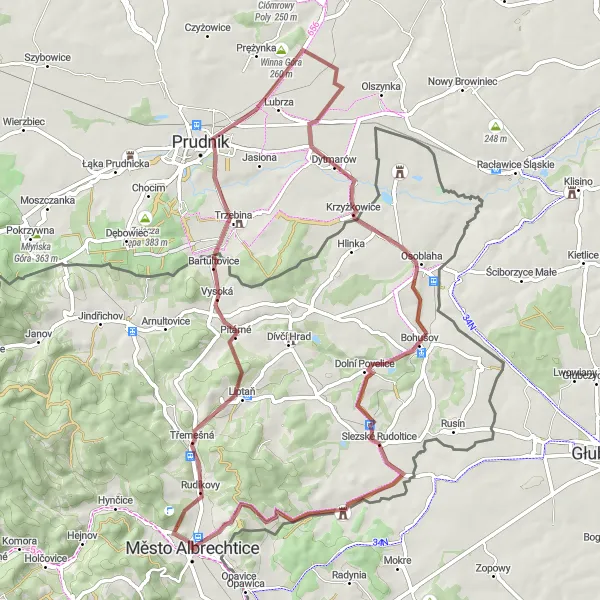 Mapa miniatúra "Gravel Město Albrechtice loop" cyklistická inšpirácia v Moravskoslezsko, Czech Republic. Vygenerované cyklistickým plánovačom trás Tarmacs.app