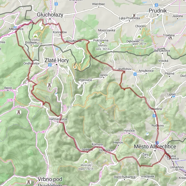 Miniaturní mapa "Gravel Trasa okolo Města Albrechtice" inspirace pro cyklisty v oblasti Moravskoslezsko, Czech Republic. Vytvořeno pomocí plánovače tras Tarmacs.app