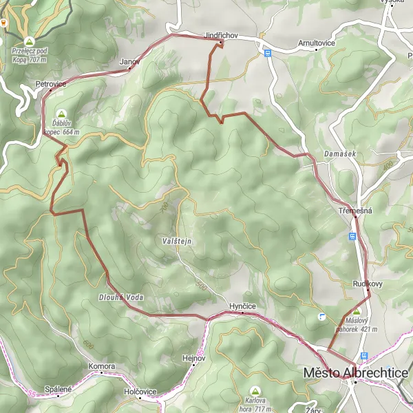 Mapa miniatúra "Gravelová výzva kolem Města Albrechtice" cyklistická inšpirácia v Moravskoslezsko, Czech Republic. Vygenerované cyklistickým plánovačom trás Tarmacs.app