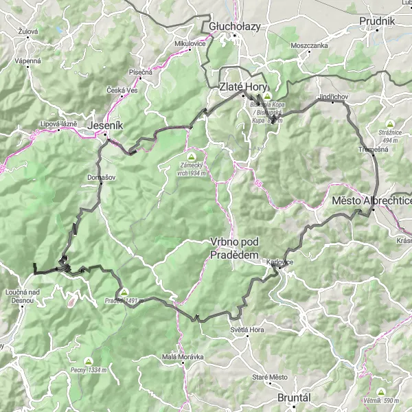 Miniaturní mapa "Silniční cyklistický okruh kolem Jeseníků" inspirace pro cyklisty v oblasti Moravskoslezsko, Czech Republic. Vytvořeno pomocí plánovače tras Tarmacs.app