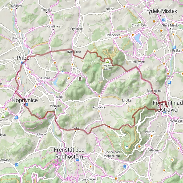 Map miniature of "Ondřejník and Holý vrch Gravel Adventure" cycling inspiration in Moravskoslezsko, Czech Republic. Generated by Tarmacs.app cycling route planner
