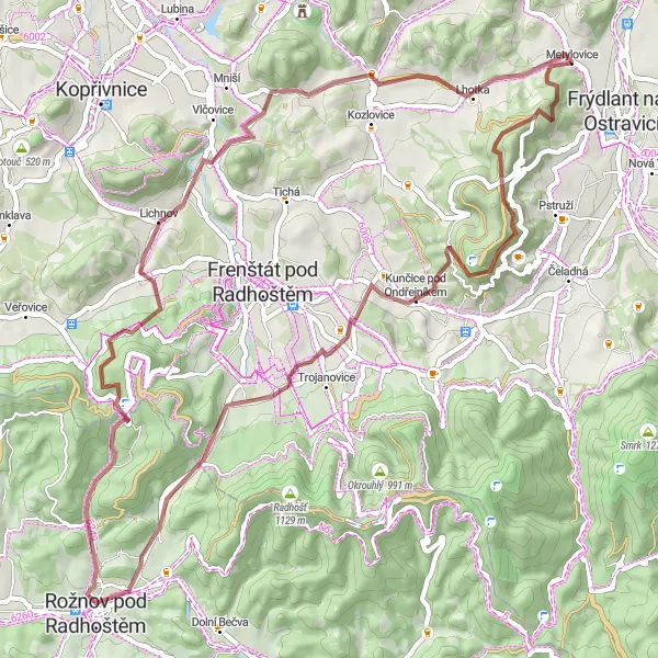 Miniaturní mapa "Náročná gravelová trasa kolem Metylovic" inspirace pro cyklisty v oblasti Moravskoslezsko, Czech Republic. Vytvořeno pomocí plánovače tras Tarmacs.app
