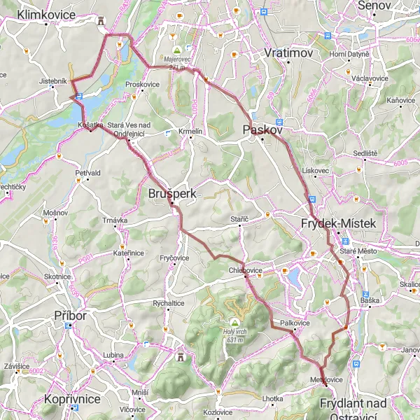 Map miniature of "Metylovice to Metylovicka hurlka loop (Gravel)" cycling inspiration in Moravskoslezsko, Czech Republic. Generated by Tarmacs.app cycling route planner