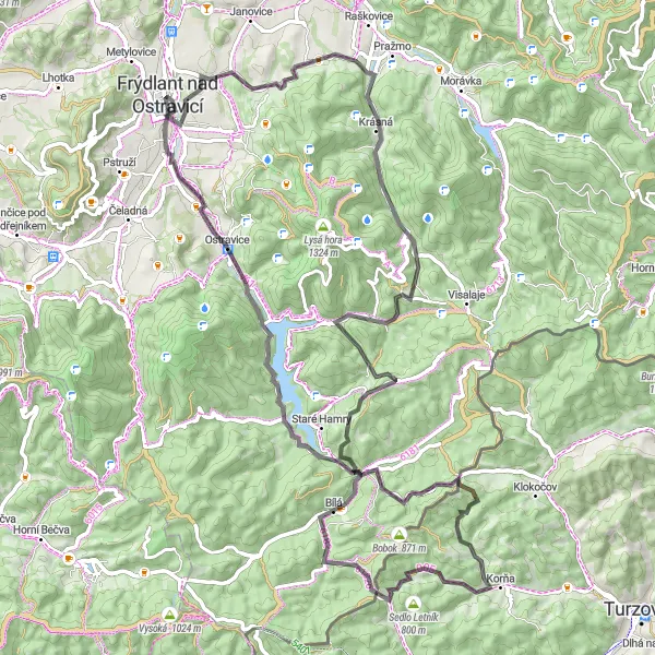 Miniaturní mapa "Okolo Krásného kraje" inspirace pro cyklisty v oblasti Moravskoslezsko, Czech Republic. Vytvořeno pomocí plánovače tras Tarmacs.app
