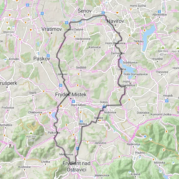 Map miniature of "Metylovice to Frýdlant nad Ostravicí circuit (Road)" cycling inspiration in Moravskoslezsko, Czech Republic. Generated by Tarmacs.app cycling route planner