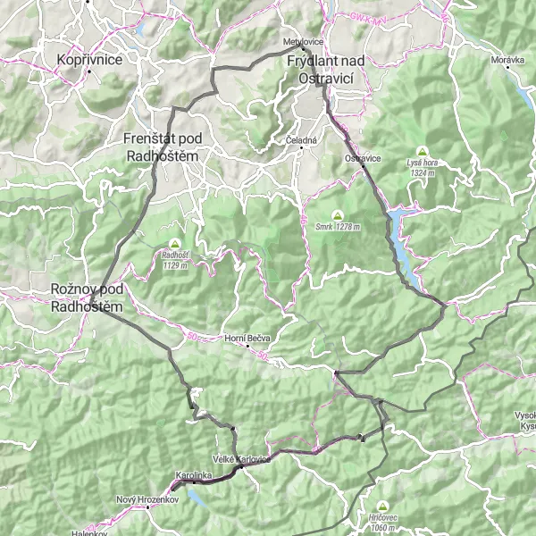 Mapa miniatúra "Cyklotúra okolo Metylovíc" cyklistická inšpirácia v Moravskoslezsko, Czech Republic. Vygenerované cyklistickým plánovačom trás Tarmacs.app