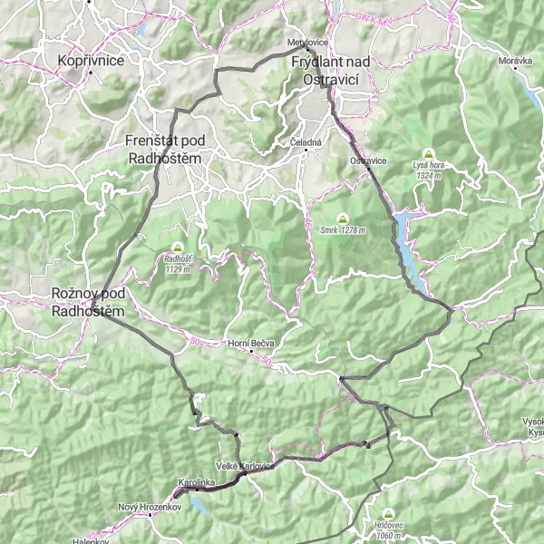 Map miniature of "Adventurous Ride to Velké Karlovice" cycling inspiration in Moravskoslezsko, Czech Republic. Generated by Tarmacs.app cycling route planner