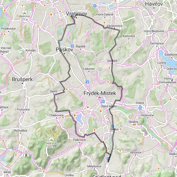 Map miniature of "Pržno to Baška loop (Road)" cycling inspiration in Moravskoslezsko, Czech Republic. Generated by Tarmacs.app cycling route planner