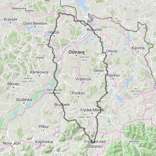 Miniaturní mapa "Panoramatická trasa s výhledy kolem Metylovic" inspirace pro cyklisty v oblasti Moravskoslezsko, Czech Republic. Vytvořeno pomocí plánovače tras Tarmacs.app