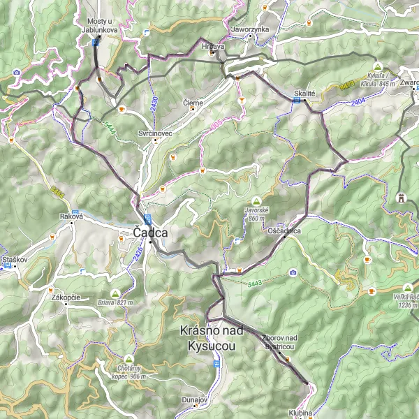Miniaturní mapa "Okolí Čadce" inspirace pro cyklisty v oblasti Moravskoslezsko, Czech Republic. Vytvořeno pomocí plánovače tras Tarmacs.app