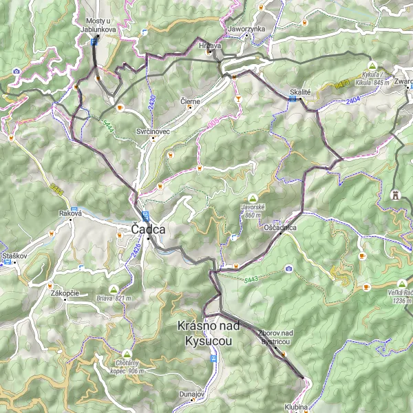 Map miniature of "Road Cycling Route to Kozove vŕšky" cycling inspiration in Moravskoslezsko, Czech Republic. Generated by Tarmacs.app cycling route planner