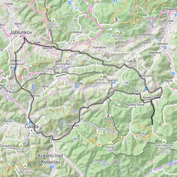 Miniaturní mapa "Z Mostů u Jablunkova kolem vesnice Sobański Groń" inspirace pro cyklisty v oblasti Moravskoslezsko, Czech Republic. Vytvořeno pomocí plánovače tras Tarmacs.app