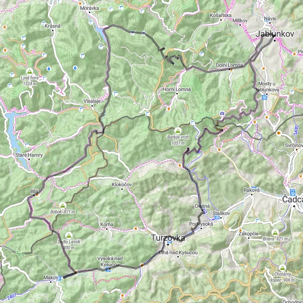 Map miniature of "Jablunkov Circular Road Route" cycling inspiration in Moravskoslezsko, Czech Republic. Generated by Tarmacs.app cycling route planner