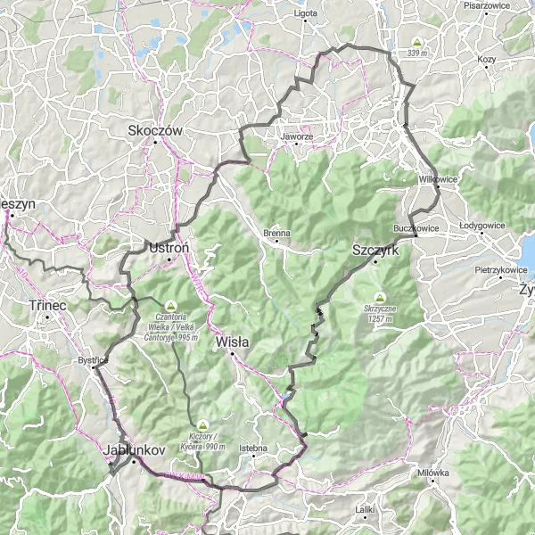 Map miniature of "Třinec to Szczyrk Road Cycling Loop" cycling inspiration in Moravskoslezsko, Czech Republic. Generated by Tarmacs.app cycling route planner