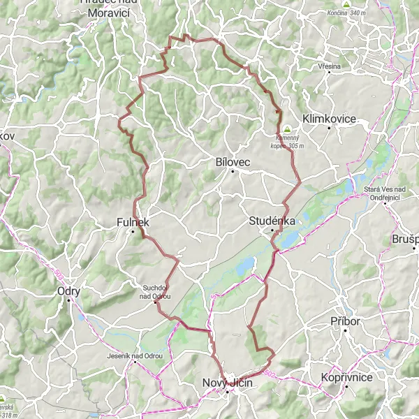 Miniaturní mapa "Gravelový okruh do okolí Nového Jičína" inspirace pro cyklisty v oblasti Moravskoslezsko, Czech Republic. Vytvořeno pomocí plánovače tras Tarmacs.app