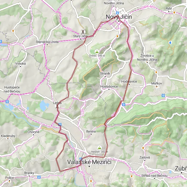 Map miniature of "Nový Jičín Scenic Gravel Route" cycling inspiration in Moravskoslezsko, Czech Republic. Generated by Tarmacs.app cycling route planner