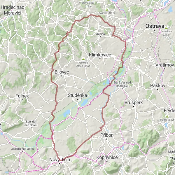 Map miniature of "The Gravel Adventure" cycling inspiration in Moravskoslezsko, Czech Republic. Generated by Tarmacs.app cycling route planner