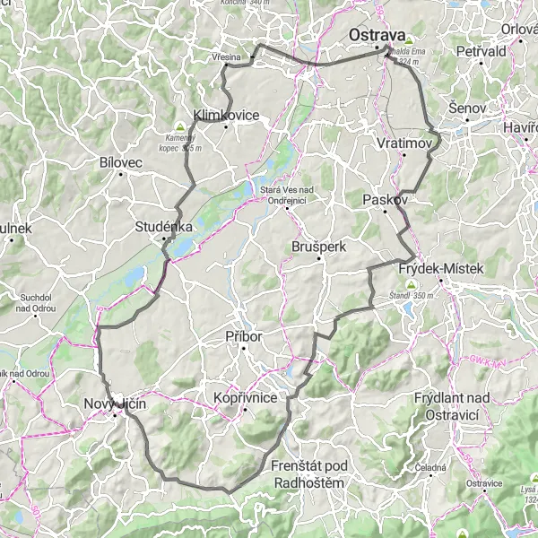 Map miniature of "Nový Jičín Highlights" cycling inspiration in Moravskoslezsko, Czech Republic. Generated by Tarmacs.app cycling route planner