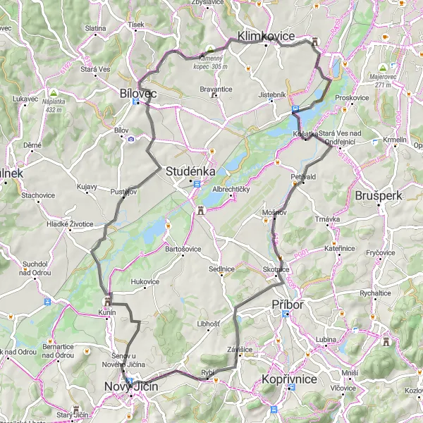 Miniaturní mapa "Jižní okruh kolem Nového Jičína" inspirace pro cyklisty v oblasti Moravskoslezsko, Czech Republic. Vytvořeno pomocí plánovače tras Tarmacs.app