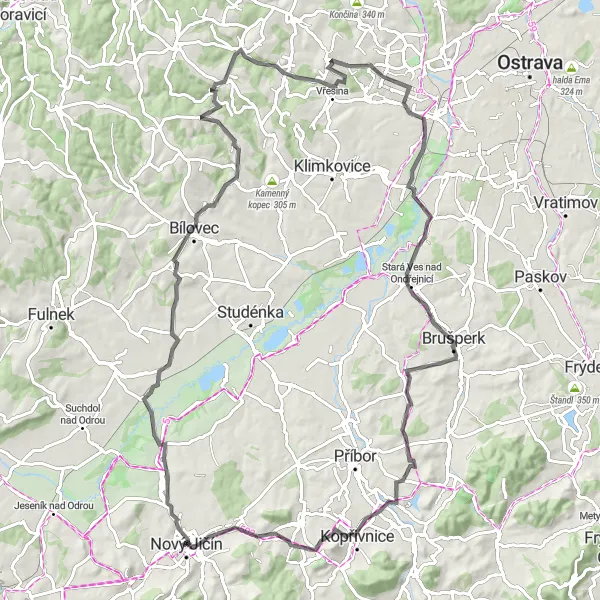 Mapa miniatúra "Výzva pre cyklistických nadšencov" cyklistická inšpirácia v Moravskoslezsko, Czech Republic. Vygenerované cyklistickým plánovačom trás Tarmacs.app