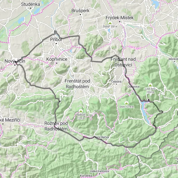 Mapa miniatúra "Výzva přes Šorštýn a Mořkovský vrch" cyklistická inšpirácia v Moravskoslezsko, Czech Republic. Vygenerované cyklistickým plánovačom trás Tarmacs.app