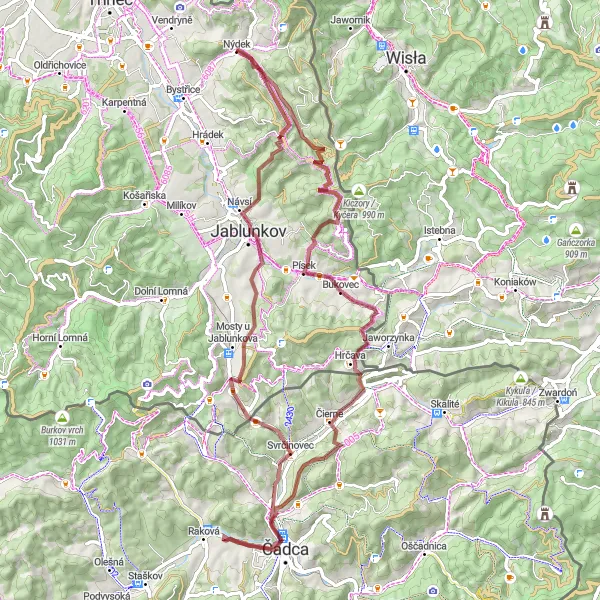 Miniatura mapy "Trasa gravelowa z wieloma punktami widokowymi" - trasy rowerowej w Moravskoslezsko, Czech Republic. Wygenerowane przez planer tras rowerowych Tarmacs.app