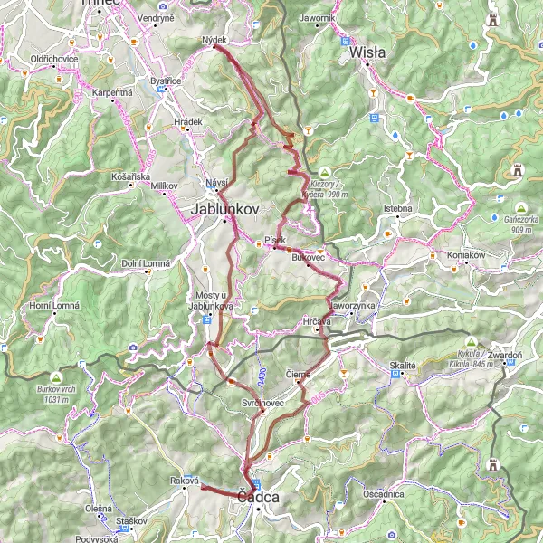 Mapa miniatúra "Gravel Ruta Kýčerka" cyklistická inšpirácia v Moravskoslezsko, Czech Republic. Vygenerované cyklistickým plánovačom trás Tarmacs.app