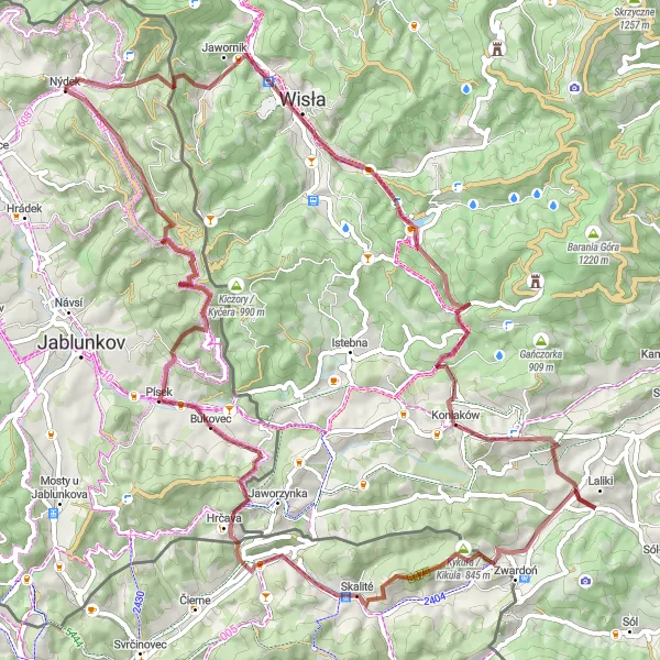 Mapa miniatúra "Gravelový okruh do Nýdku cez Skalité" cyklistická inšpirácia v Moravskoslezsko, Czech Republic. Vygenerované cyklistickým plánovačom trás Tarmacs.app