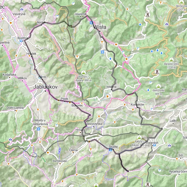 Map miniature of "Dawny pałacyk myśliwski Habsburgów - tvrz Zamčiska Loop" cycling inspiration in Moravskoslezsko, Czech Republic. Generated by Tarmacs.app cycling route planner