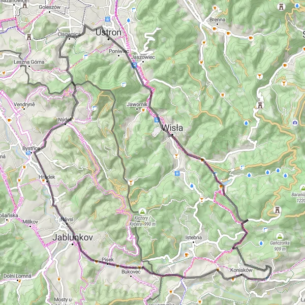 Map miniature of "Grodzisko - Koczy Zamek Circuit" cycling inspiration in Moravskoslezsko, Czech Republic. Generated by Tarmacs.app cycling route planner
