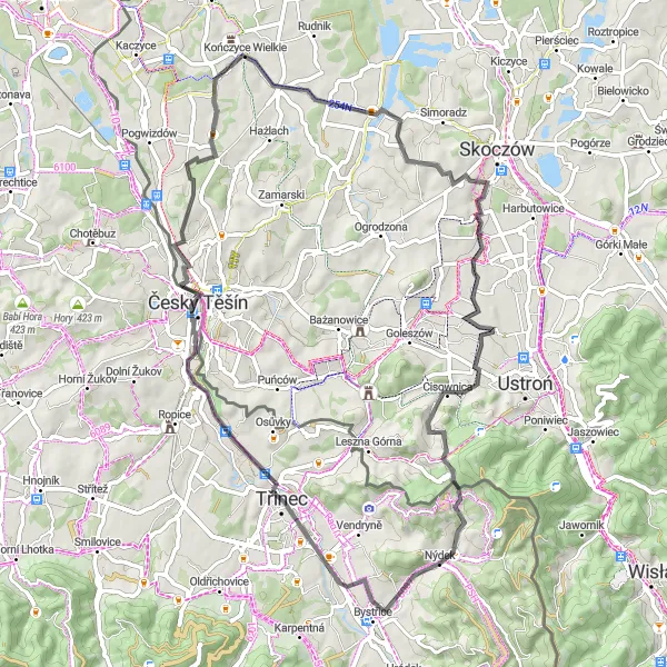 Miniaturní mapa "Road Bike Adventure near Nýdek" inspirace pro cyklisty v oblasti Moravskoslezsko, Czech Republic. Vytvořeno pomocí plánovače tras Tarmacs.app