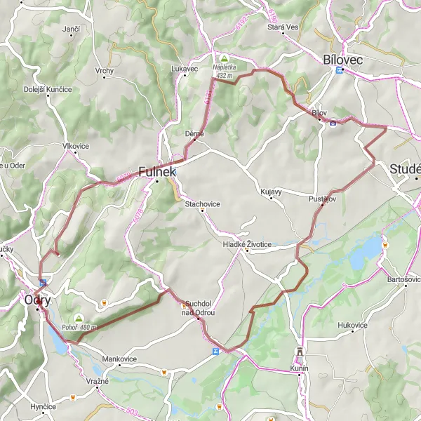 Miniaturní mapa "Gravelová výzva kolem Odry" inspirace pro cyklisty v oblasti Moravskoslezsko, Czech Republic. Vytvořeno pomocí plánovače tras Tarmacs.app