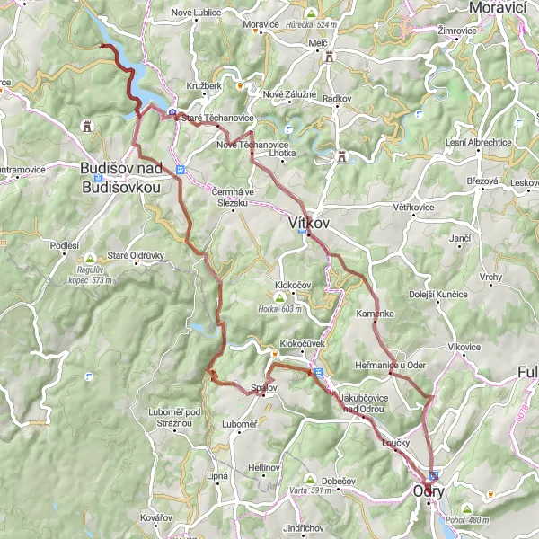 Miniaturní mapa "Gravelová výzva kolem Odry II" inspirace pro cyklisty v oblasti Moravskoslezsko, Czech Republic. Vytvořeno pomocí plánovače tras Tarmacs.app
