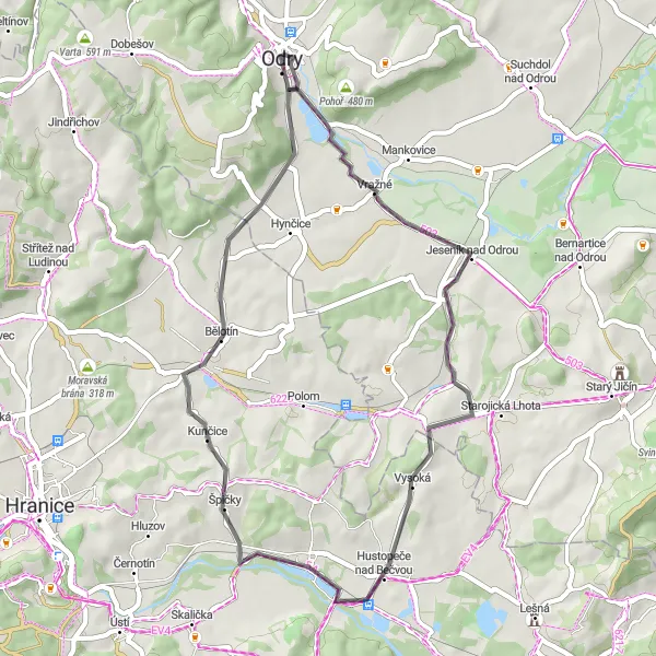 Miniaturní mapa "Cyklostezka Odry - Vražné - Bělotín" inspirace pro cyklisty v oblasti Moravskoslezsko, Czech Republic. Vytvořeno pomocí plánovače tras Tarmacs.app