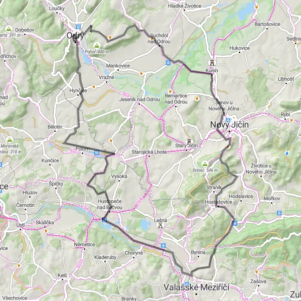 Map miniature of "Odry to Kunín Road Loop" cycling inspiration in Moravskoslezsko, Czech Republic. Generated by Tarmacs.app cycling route planner