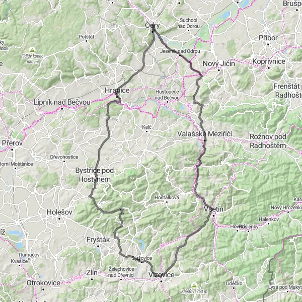 Map miniature of "The Bečvou Road Challenge" cycling inspiration in Moravskoslezsko, Czech Republic. Generated by Tarmacs.app cycling route planner