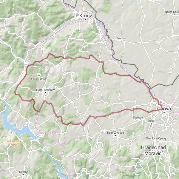 Map miniature of "Opava Loop Gravel Route" cycling inspiration in Moravskoslezsko, Czech Republic. Generated by Tarmacs.app cycling route planner