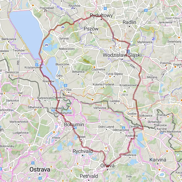 Miniaturní mapa "Gravelová trasa kolem Orlové a Chałupek" inspirace pro cyklisty v oblasti Moravskoslezsko, Czech Republic. Vytvořeno pomocí plánovače tras Tarmacs.app