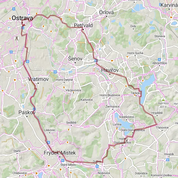 Miniaturní mapa "Gravel okruh s výhledy" inspirace pro cyklisty v oblasti Moravskoslezsko, Czech Republic. Vytvořeno pomocí plánovače tras Tarmacs.app