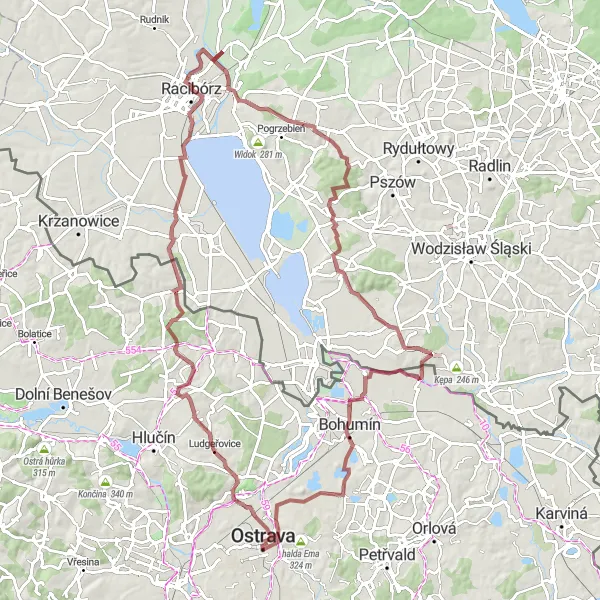 Miniaturní mapa "Gravel okruh kolem Rychvaldu" inspirace pro cyklisty v oblasti Moravskoslezsko, Czech Republic. Vytvořeno pomocí plánovače tras Tarmacs.app