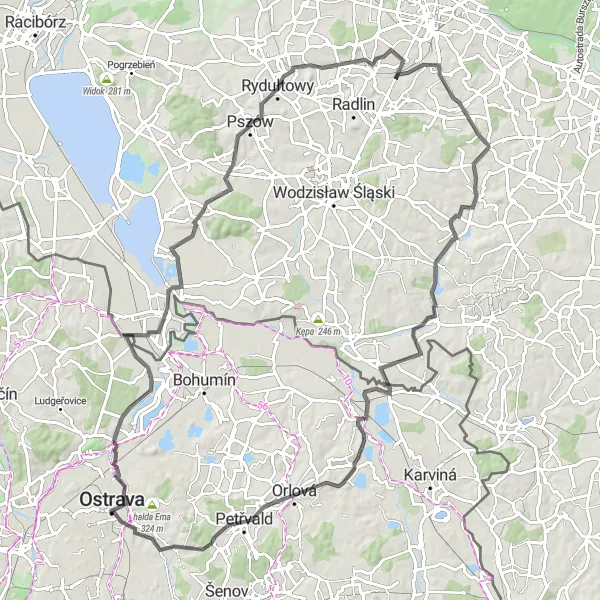 Miniaturní mapa "Silniční okruh přes polské haldy" inspirace pro cyklisty v oblasti Moravskoslezsko, Czech Republic. Vytvořeno pomocí plánovače tras Tarmacs.app