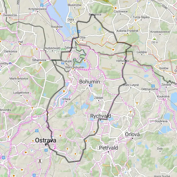 Miniaturní mapa "Ostrava - Zabełków - Slezskoostravský hrad" inspirace pro cyklisty v oblasti Moravskoslezsko, Czech Republic. Vytvořeno pomocí plánovače tras Tarmacs.app