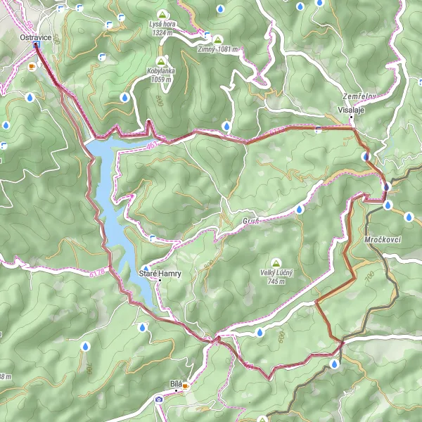 Miniaturní mapa "Gravelová trasa Visalaje" inspirace pro cyklisty v oblasti Moravskoslezsko, Czech Republic. Vytvořeno pomocí plánovače tras Tarmacs.app