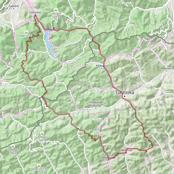 Miniaturní mapa "Gravelová cesta Ráztoka" inspirace pro cyklisty v oblasti Moravskoslezsko, Czech Republic. Vytvořeno pomocí plánovače tras Tarmacs.app