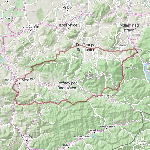 Map miniature of "The Bečva Gravel Adventure" cycling inspiration in Moravskoslezsko, Czech Republic. Generated by Tarmacs.app cycling route planner