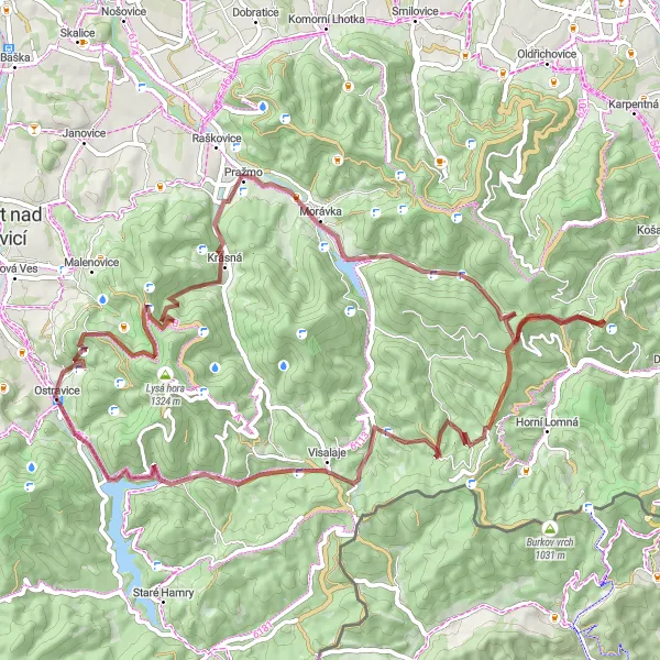 Map miniature of "Idyllic Gravel Adventure" cycling inspiration in Moravskoslezsko, Czech Republic. Generated by Tarmacs.app cycling route planner