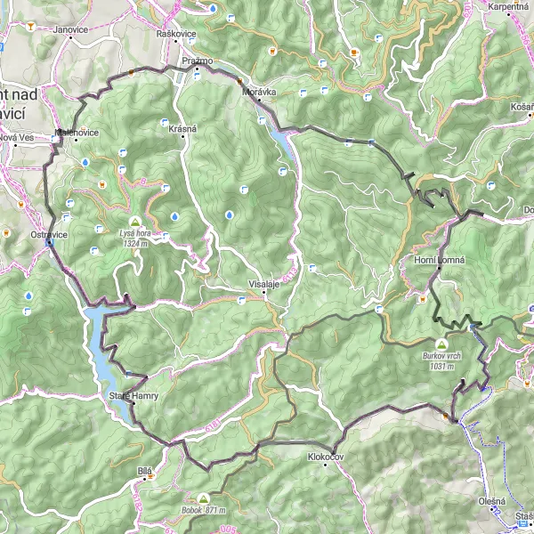 Miniaturní mapa "Cyklistika okolo Ostravice - Road" inspirace pro cyklisty v oblasti Moravskoslezsko, Czech Republic. Vytvořeno pomocí plánovače tras Tarmacs.app