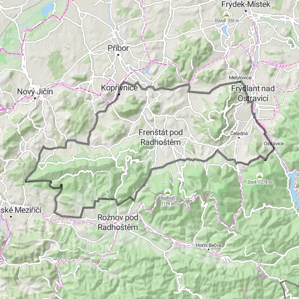 Mapa miniatúra "Road Trojanovice" cyklistická inšpirácia v Moravskoslezsko, Czech Republic. Vygenerované cyklistickým plánovačom trás Tarmacs.app