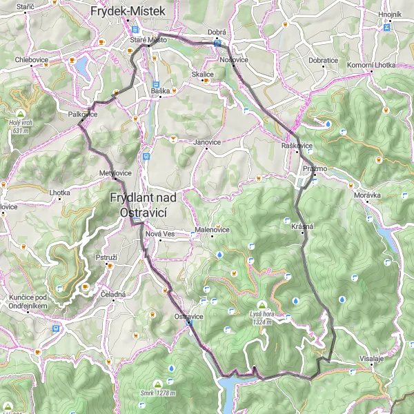 Map miniature of "Palkovice Round-trip Cycling Route" cycling inspiration in Moravskoslezsko, Czech Republic. Generated by Tarmacs.app cycling route planner