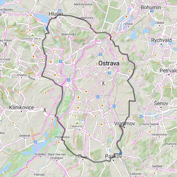 Mapa miniatúra "Road trasa Oprechtice - Paskov" cyklistická inšpirácia v Moravskoslezsko, Czech Republic. Vygenerované cyklistickým plánovačom trás Tarmacs.app